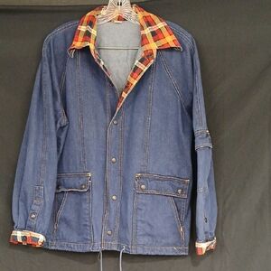 Womans Blue Denim Chore Jacket with Plaid Accents Sz Large